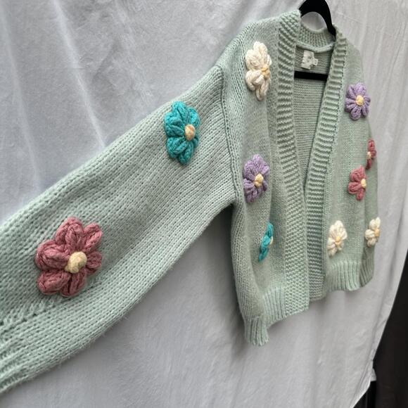 Luna Ivy Anthropologie Mint Green Knit Oversized Cardigan with Flowers Sz XS - Picture 4 of 7